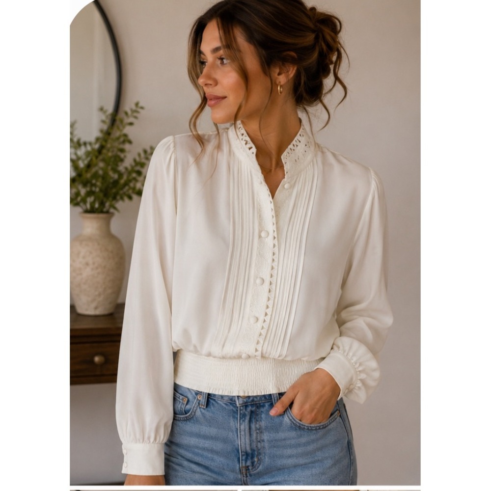 Vintage Yves St. Clair Ivory Satin Blouse Embroidered Collar Pintuck Ribbed Wais